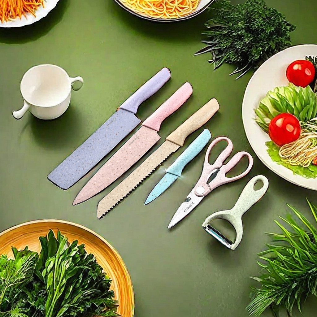 มีดทำครัว Meat Cleaver และ ชุดมีดหกชิ้นสแตนเลส สีสันฟางข้าวสาลี พร้อมกับ ที่เก็บมีดชุด