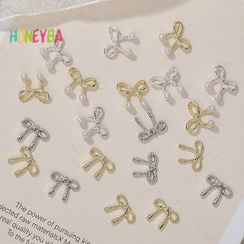 <Honeyba> 10pcs 3D Silver Gold Bowknotรูปเล็บChโลหะเล็บRhinestonesเล็บเครื่องประดับสําหรับDIYเล็บอุปกรณ์เสริมSon Nice