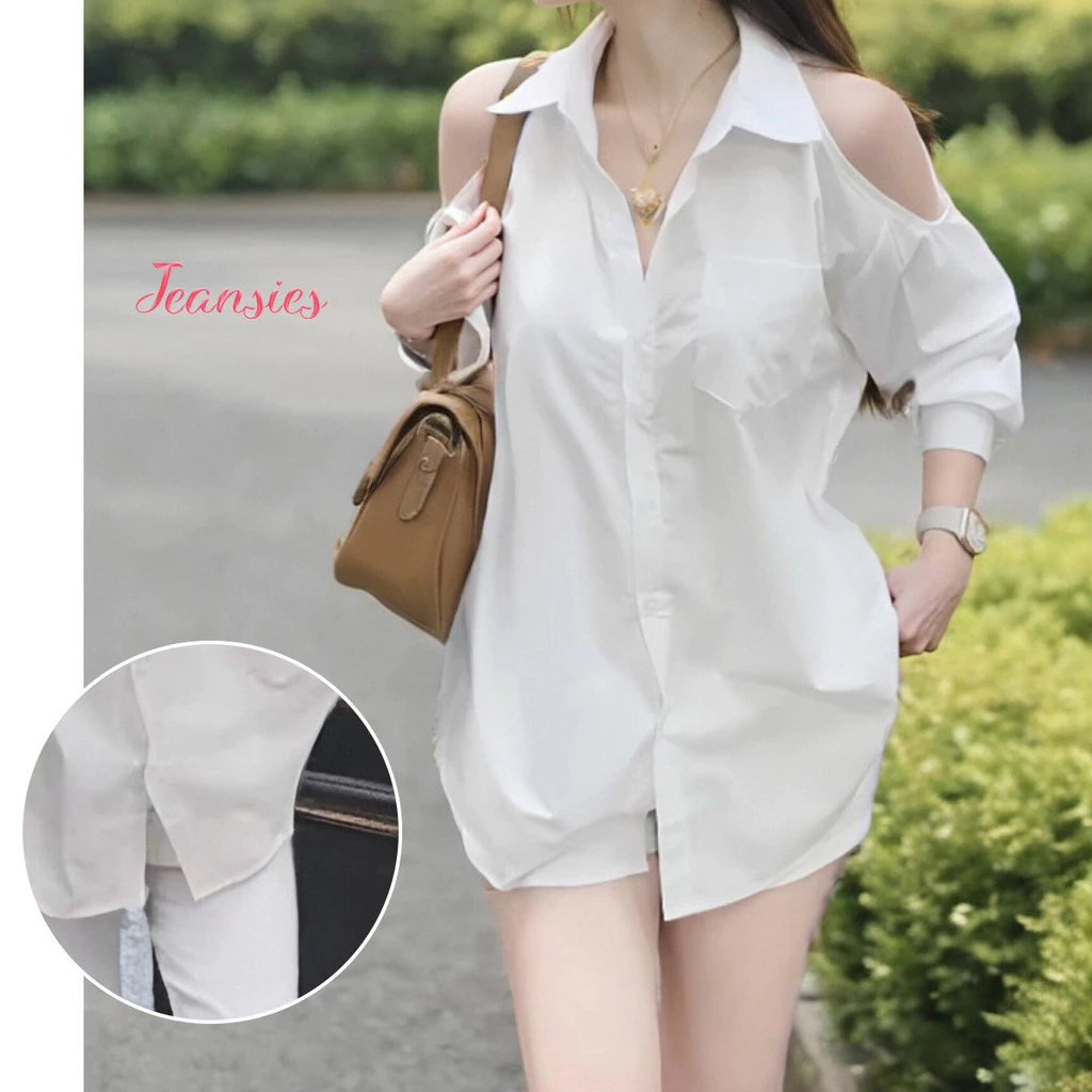 เสื้อเชิ้ตสตรีคอปกแขนยาว ใหม่ล่าสุด แบบเปิดไหล่