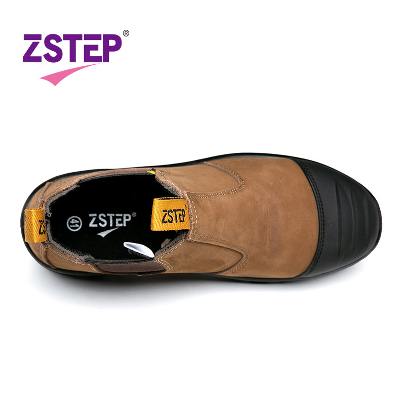 Zstep รองเท้านิรภัยรองเท้านิ้วเท้าเหล็กเชลซีป้องกันการกระแทกป้องกันการเจาะสีน้ําตาลไซส์ 39-46