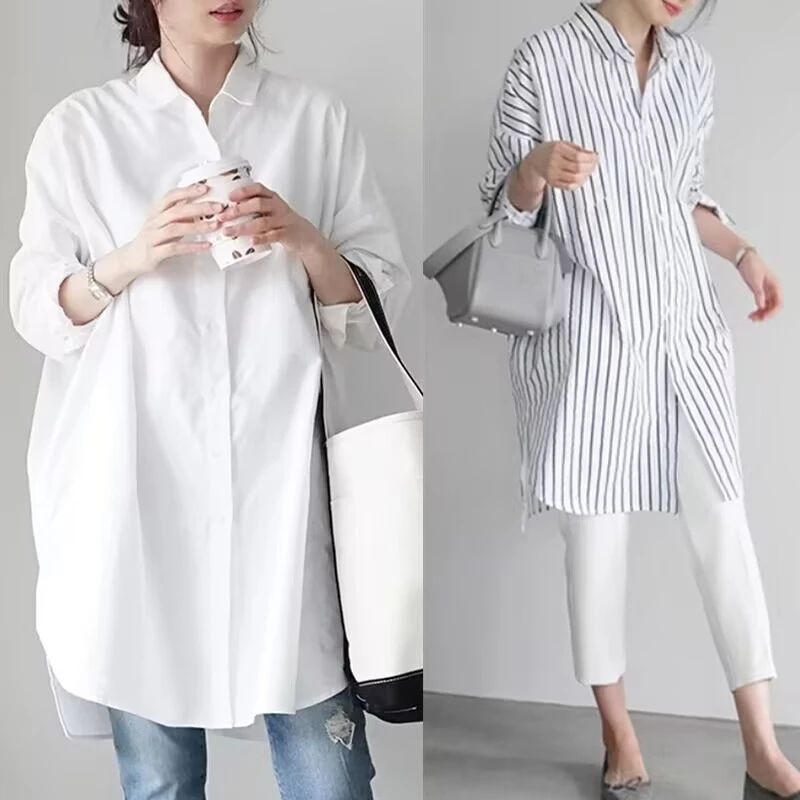 เสื้อเชิ้ตผู้หญิงสีขาวแขนยาวรุ่นใหม่ความยาวปานกลางเสื้อเชิ้ตสไตล์ตะวันตกทรงหลวมสบายๆออกแบบ