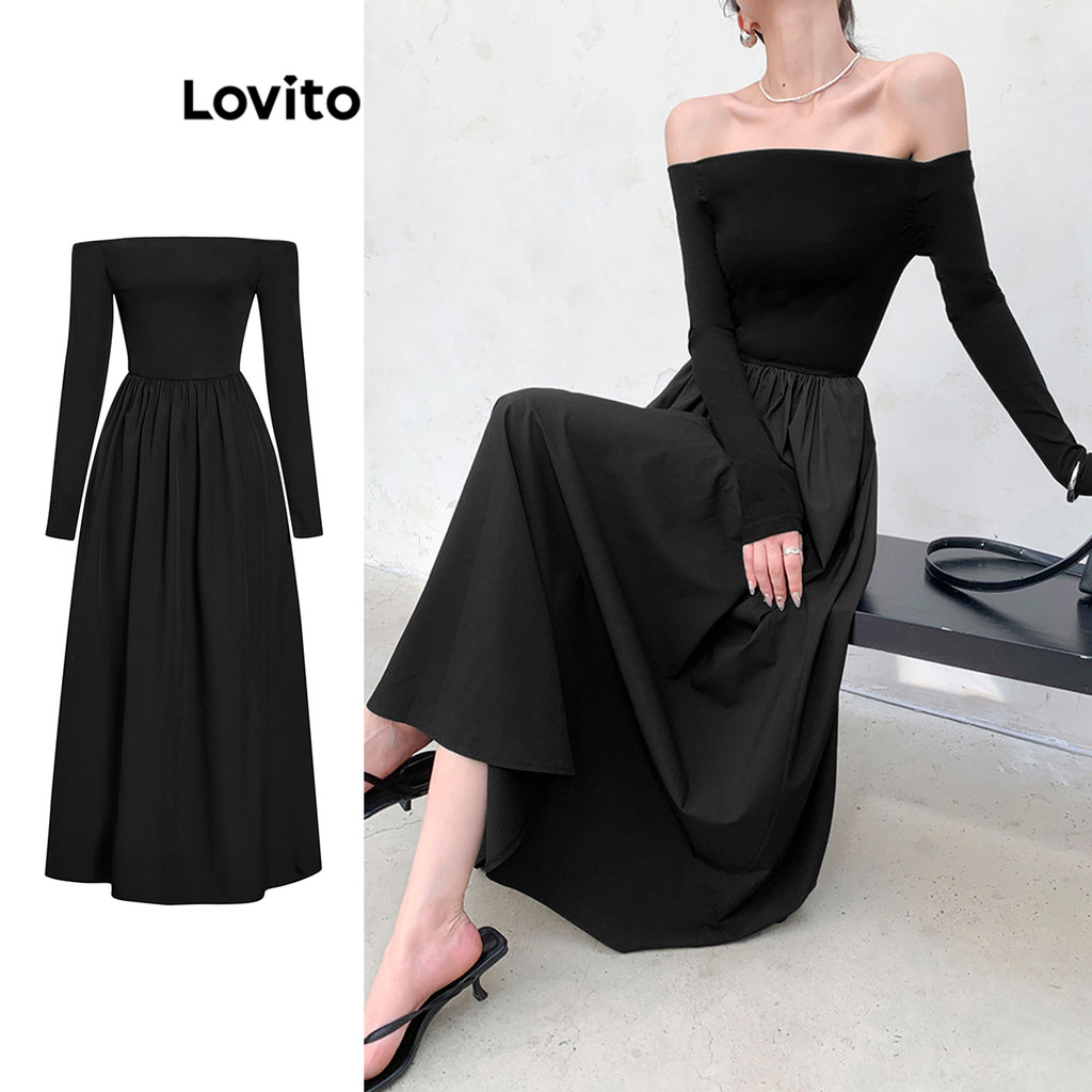 Lovito ชุดเดรสเย็บไหล่ผ้าเย็นธรรมดาสำหรับผู้หญิง L100MD103