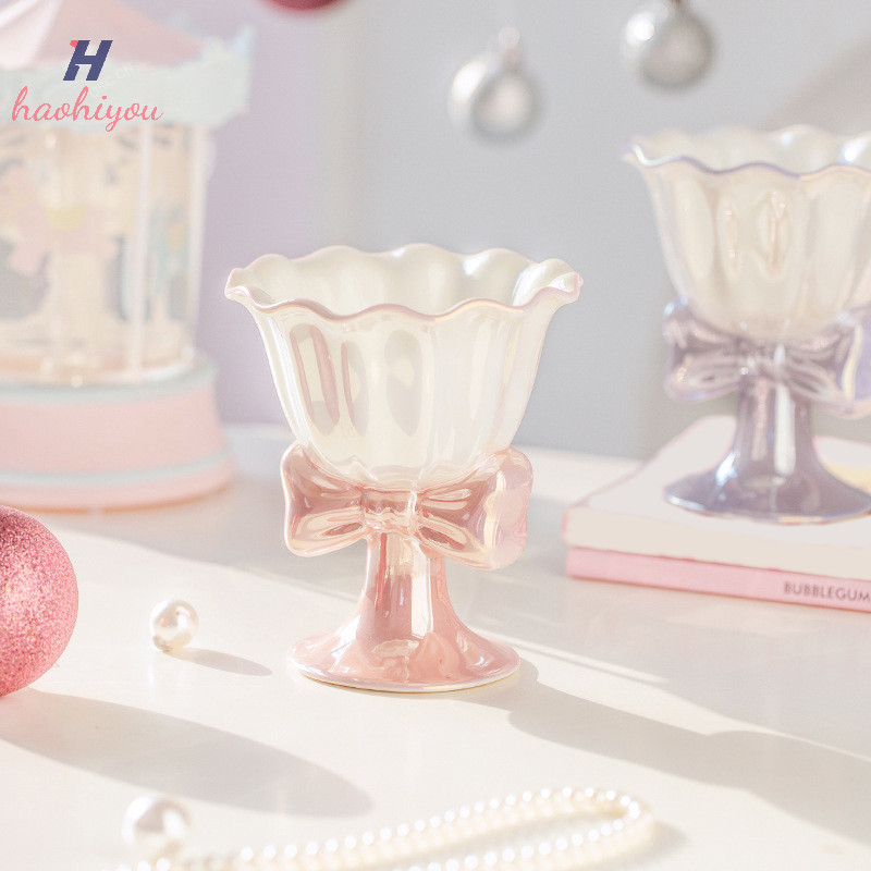 <haohiyou> 180ml Bowknot เซรามิคไอศกรีมถ้วยประณีตขนมหวานถ้วยนมแก้ว Drinkware Photo Props ของขวัญวันเกิดสาวของขวัญ Party Favors Nice