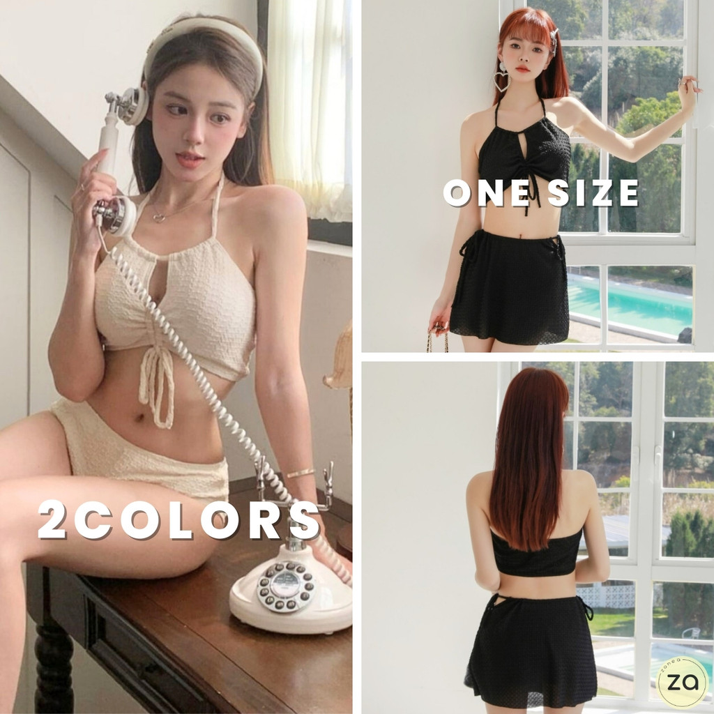 HOT SALE ชุดเซตว่ายน้ำ 3 ชิ้น ผ้าอัดย่น แต่งรูดเชือก น่ารักมาก 2 สี ชุดไปทะเล