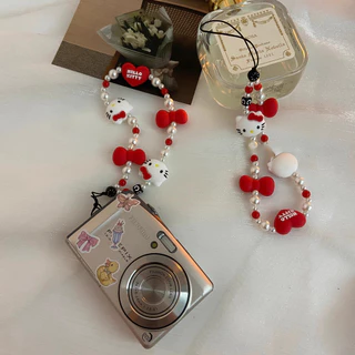 Kawaii Sanrio Mobile จี้ Hello Kitty Anti-lost Lanyard Key ข้อมือสั้นเชือกเครื่องประดับสีแดงพวงกุญแจอะนิเมะผู้หญิงมือถือโซ่