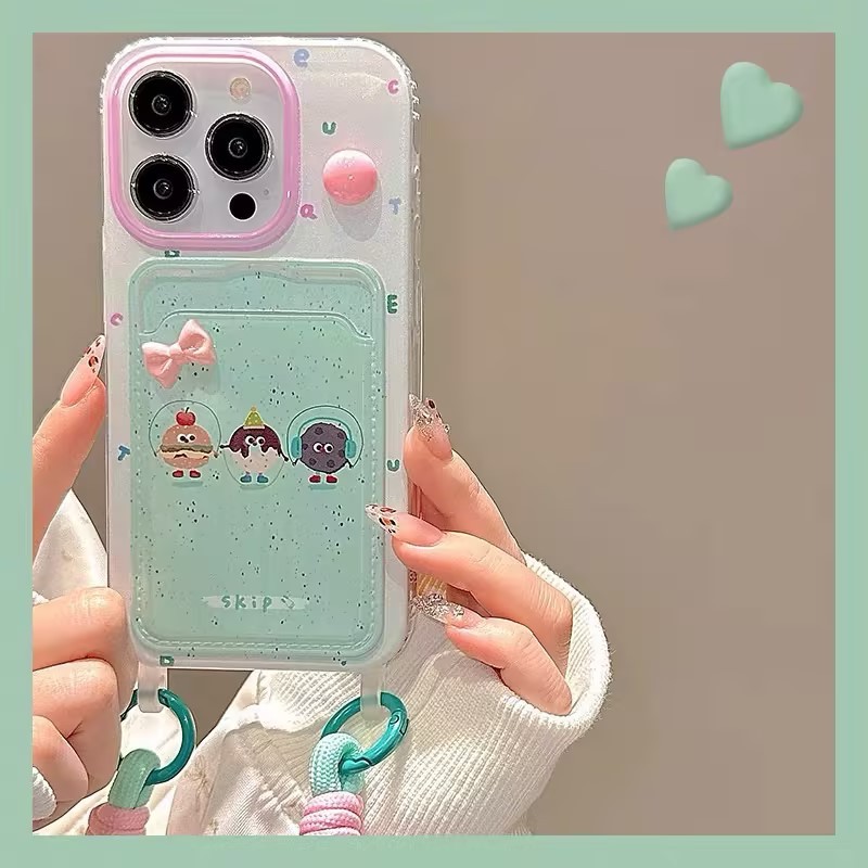 น่ารักโบว์โบว์การ์ตูนอาหารสายคล้องการ์ดกระเป๋าสตางค์เข้ากันได้กับเคสไอโฟน11 15 13 14 12 Pro Max 7 15 8 14Plus XR X XSMax
