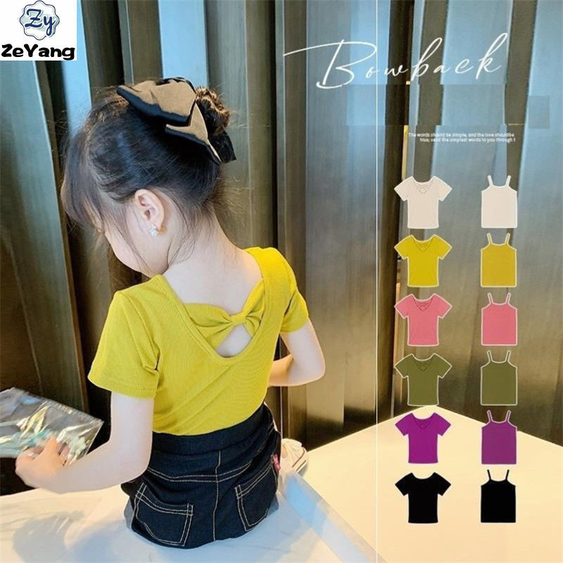 [ZY] 70-140 พร้อมสต็อกเด็กผ้าไหมน้ําแข็งแขนสั้นเสื้อยืด Pit Strip Casual สั้น T หญิงแฟชั่นแขนสั้นแฟชั่นแนวโน้มสั้น T Simple All-Ma