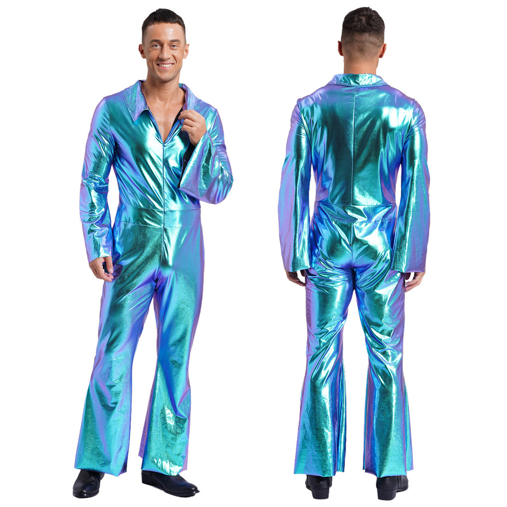 Yeahdor ชุดดิสโก้ 70s Prom Sparkle Flare Jumpsuit Party เครื่องแต่งกายฮาโลวีนคอสเพลย์สําหรับผู้ใหญ่ผู้ชาย