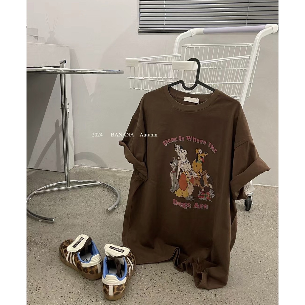 (จัดส่งตลอด 24 ชั่วโมง）OOOK Official American ins fun การ์ตูนสุนัขพิมพ์เสื้อยืดแขนสั้นผู้หญิงหลวมผ้าฝ้าย 100%