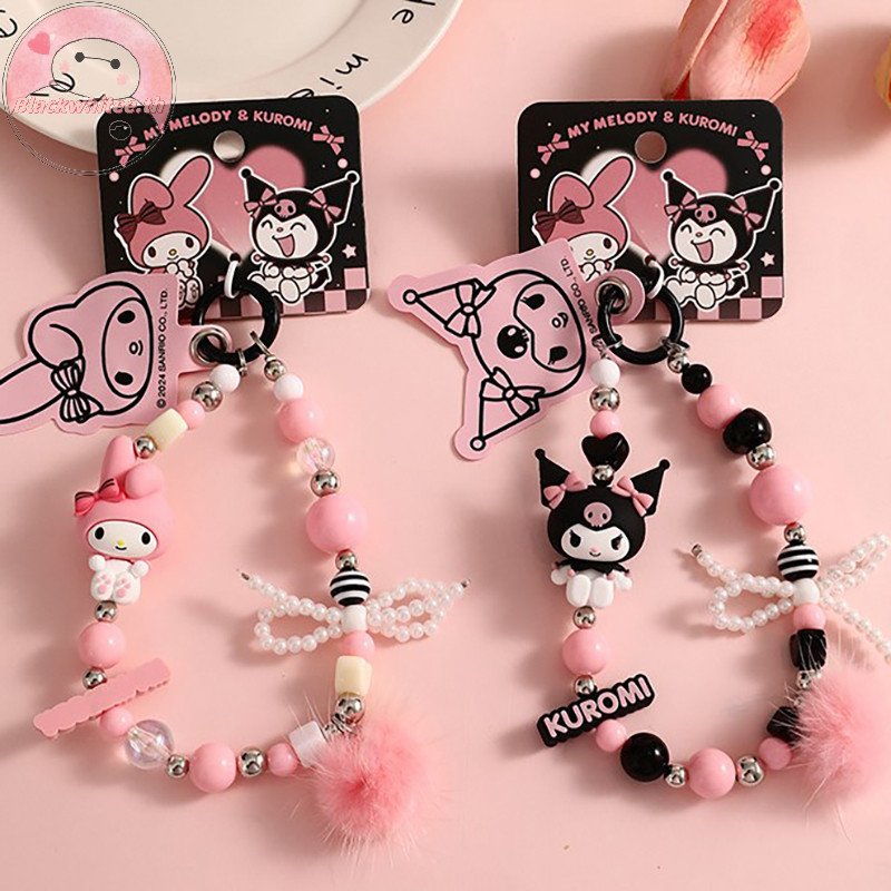 Bwhte Kawaii Sanrio Kuromi โทรศัพท์โซ่น่ารักการ์ตูนของเล่น My Melody ลูกปัดกระเป๋าเป้สะพายหลังจี้พวงกุญแจกระเป๋าอุปกรณ์เสริมกุญแจรถ