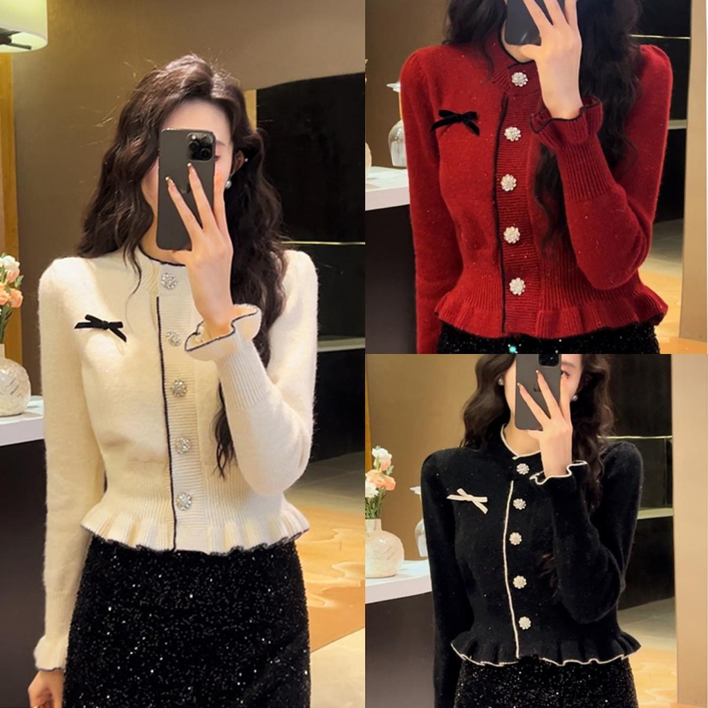 เสื้อครอปท็อปแขนยาว สไตล ์ ใหม ่ ถักคาร ์ ดิแกนผู ้ หญิงสั ้เสื้อคลุมไหมพรมแขนยาว กระดุมหน้า คอปก ผ้านิ่ม รุ่น#Z045