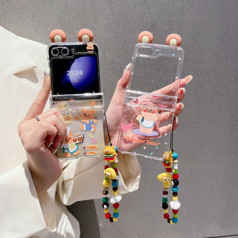 เคสโทรศัพท์แบบพับได้สําหรับ Samsung Galaxy Z Flip6 Flip5 Flip4 Flip3 สร้อยข้อมือหมีเนยน่ารักเคสโทรศัพท์ tpu แบบแข็ง