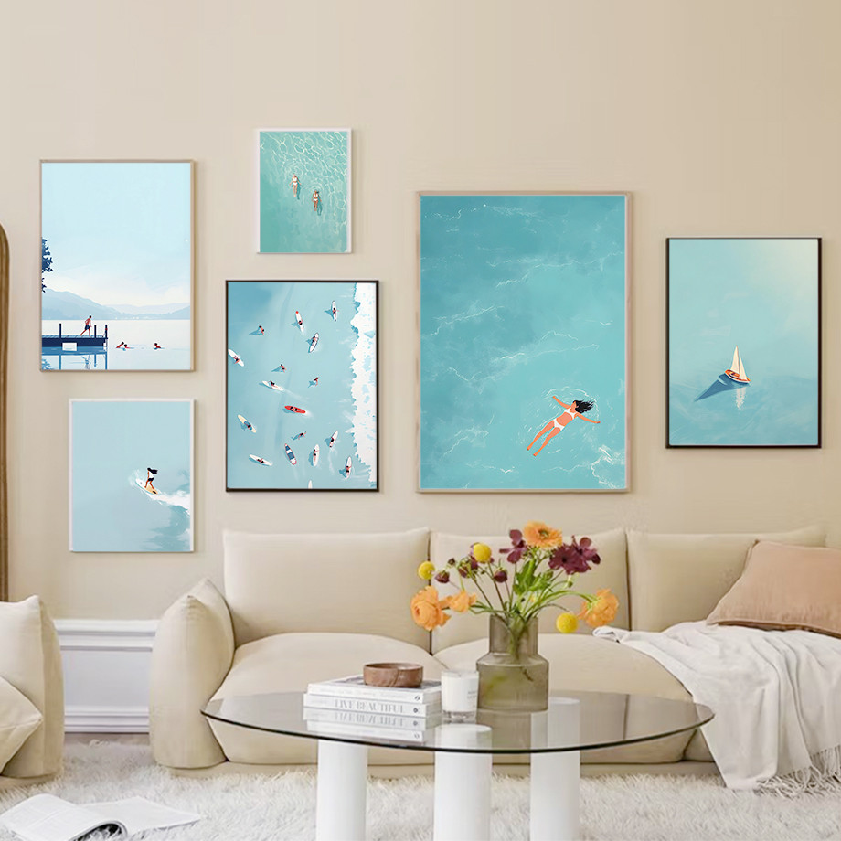 (พร้อมกรอบ) ท่องเรือใบริมทะเลว่ายน้ําสีน้ําภาพประกอบแฟชั่น Wall Art ภาพวาดผ้าใบ Nordic โปสเตอร์ตกแต่งห้อง