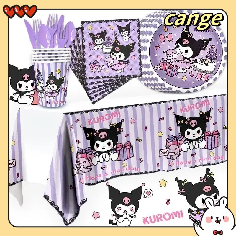 Kuromi themed ตกแต่งงานเลี้ยงวันเกิดบนโต๊ะอาหารแบบใช้แล้วทิ้งแผ่นผ้าเช็ดปากผ้าปูโต๊ะอุปกรณ์ปาร์ตี้สําหรับเด็กชายและเด็กหญิง