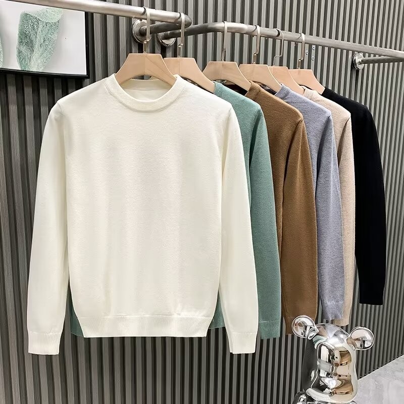 เสื้อสเวตเตอร์คอกลมสีทึบสําหรับผู้ชายอบอุ่นสลิมฟิตเสื้อถักอเนกประสงค์เสื้อสวมหัวเวอร์ชั่นเกาหลีเสื้อสเวตเตอร์เส้นฐาน