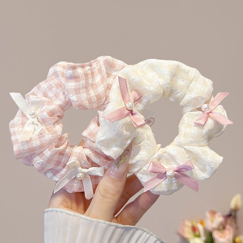 ผ้าสีชมพูโบว์แหวนผมหญิงน่ารักหวานสไตล์เกาหลีจัดเลี้ยงแฟชั่น Scrunchie เครื่องประดับผม