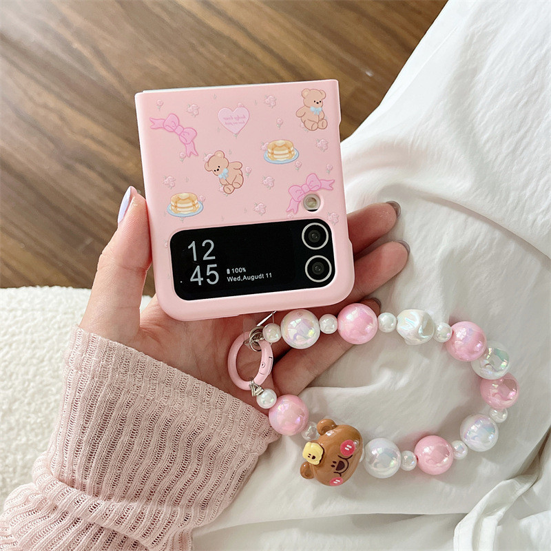 เคสโทรศัพท์ Samsung Galaxy Z Flip 3/4/5/6 พร้อมสร้อยข้อมือมุก ดอกไม้หักง่ายพับเปลือกแข็ง