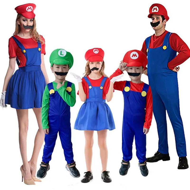 อะนิเมะเกม Super Luigi Brothers คอสเพลย์เครื่องแต่งกาย Marios ผู้ใหญ่เด็ก Jumpsuit หมวกเครา Knapsack ชุดเครื่องแต่งกายฮาโลวีน