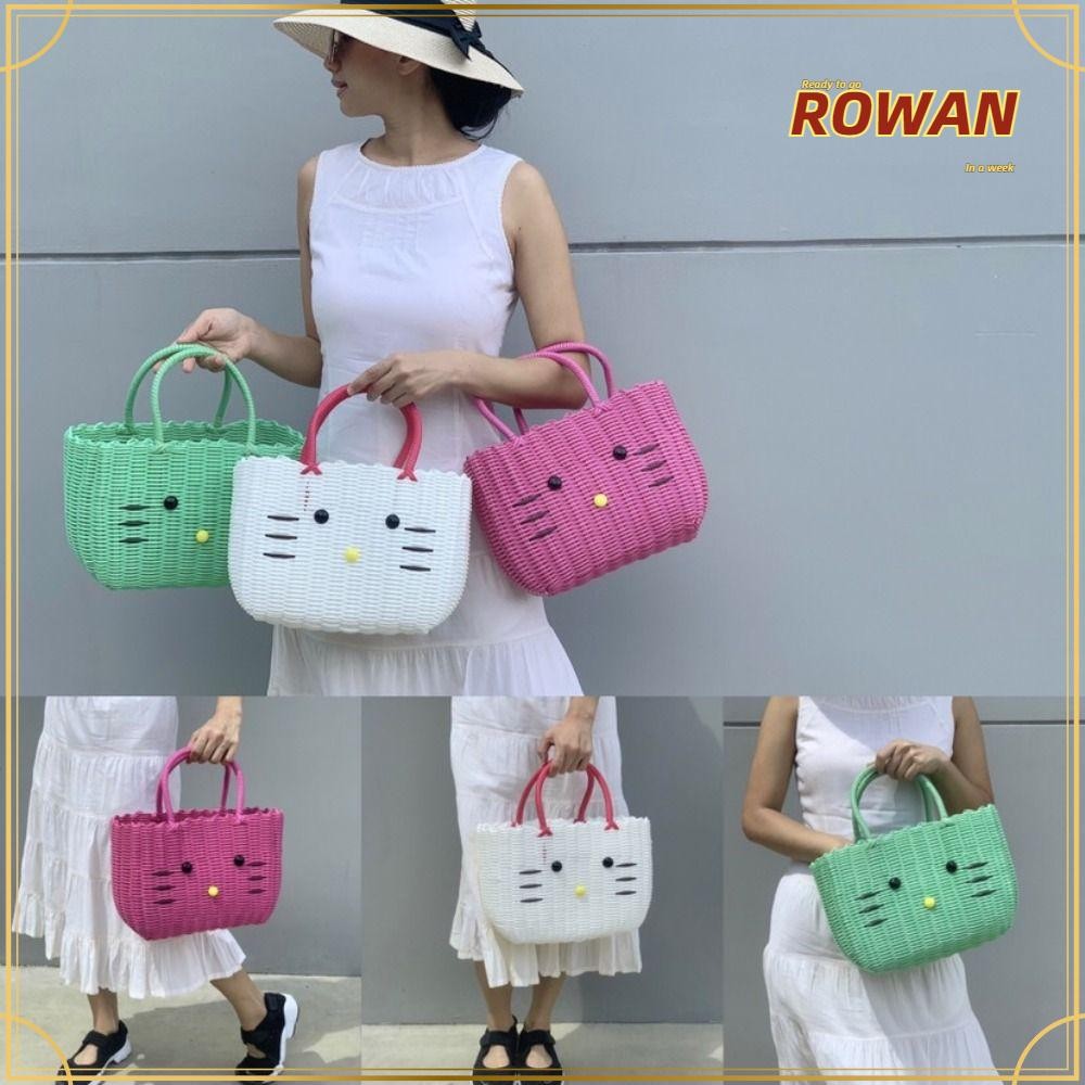 Rowans ตะกร้าเก็บพลาสติก, กระเป๋าสานความจุขนาดใหญ่ลายการ์ตูน, Hello Kitty น่ารักกระเป๋าชายหาดผู้หญิง