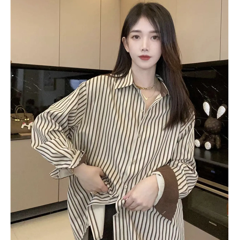 เสื้อเชิ้ตลายทางผู้หญิง PKB2970 💚พร้อมส่ง💚 shirt free siz สไตล์เกาหลีใส่ทำงาน เนื้อผ้าดี คอปกแขนยาว 