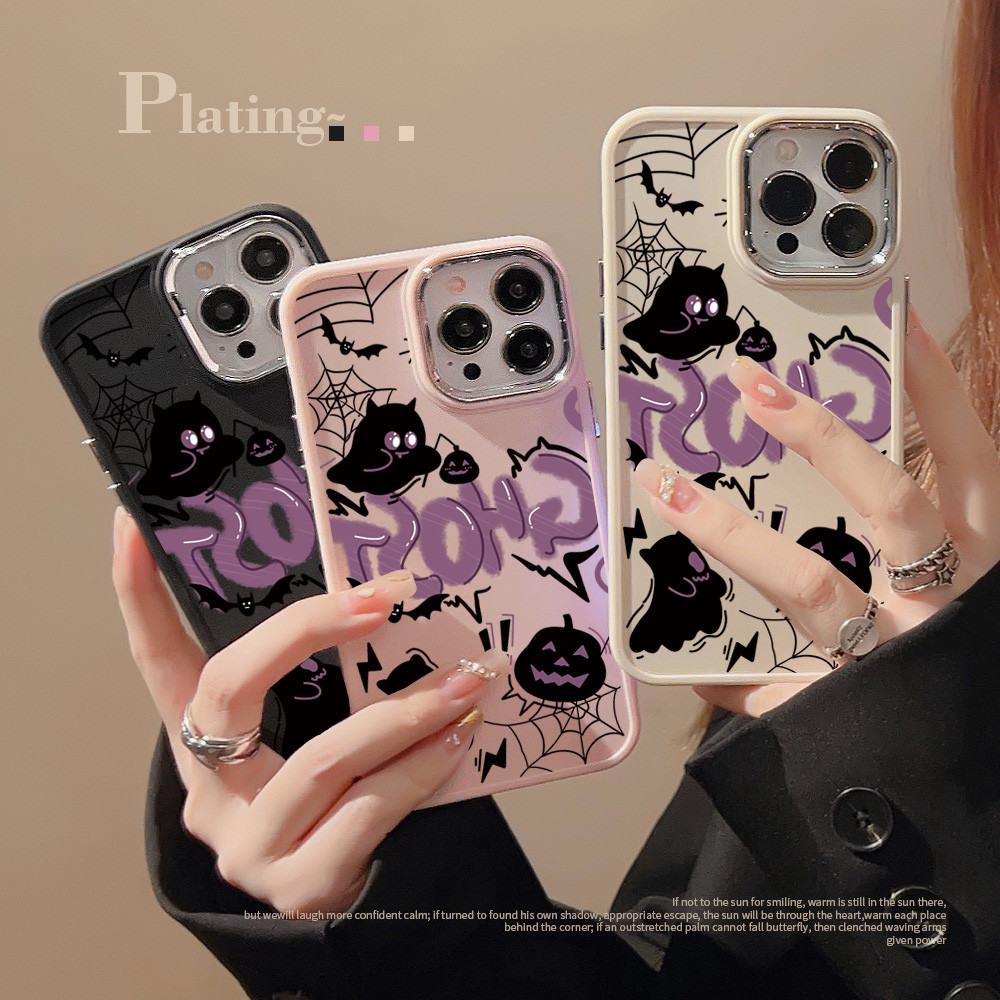 Creativeชุบโลหะเลนส์สําหรับiphone 16 11 15 14 12 13 Pro Max 15 7 8 Plus XR X XS Max SE2 Miniการ์ตูนน่ารักLittle Ghost Spider Webฟักทองฮาโลวีนนุ่มกรณี