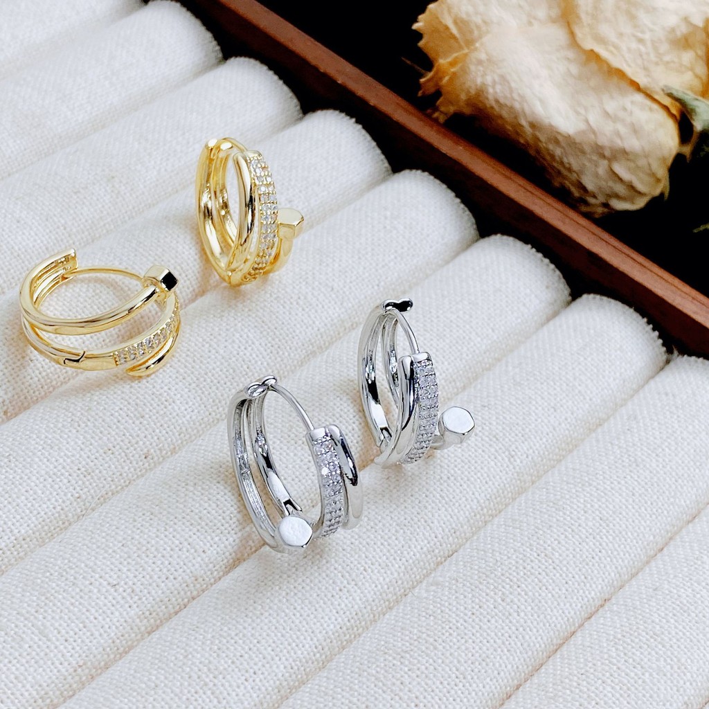 ต่างหู ทองแดงชุบ 18K ทองแท้ Micro-Inlaid Zircon เล็บ Hoop ต่างหูสุภาพสตรีเครื่องประดับ
