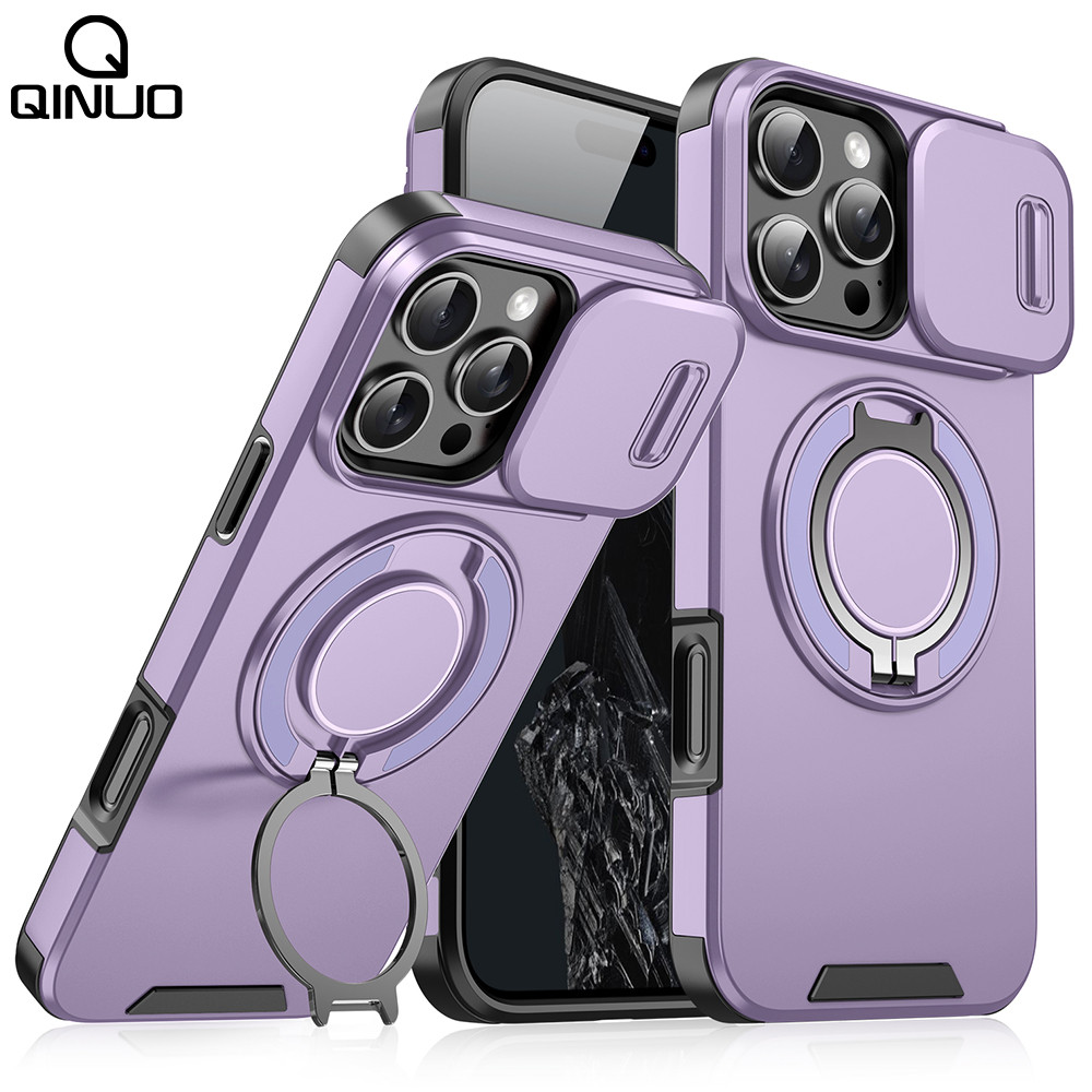 เคสป้องกันกล้องสไลด์เกราะสําหรับงานหนักสําหรับ iPhone 16 15 14 13 12 11 Pro Max Plus Magnetic 360° ฝาครอบขาตั้งแหวนหมุนได้ – โปรปัง