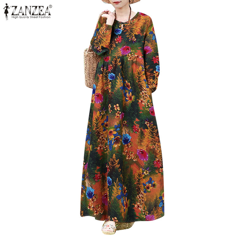 ZANZEA ใส่ ซานเซีย ผู้หญิงเกาหลีเอวสูงออกแบบกระเป๋าวรรณกรรมพิมพ์ชุด