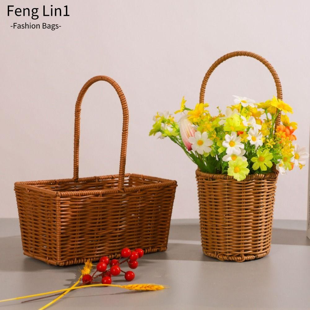 Fengling Handhold ทอผ้าตะกร้า,หวายเทียมพร้อมที่จับ Braid ตะกร้าเก็บ, Creative ห้องน้ําชั้นวางผักผลไม้ดอกไม้ Sundries Organizer แขวนตะกร้า