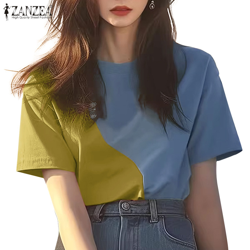 ZANZEA ใส่ ซานเซีย ผู้หญิงเกาหลีสบายๆลูกเรือคอวางไหล่แขนสีคมชัดเสื้อ