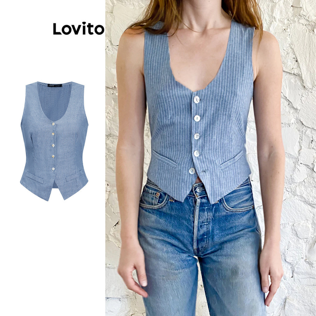 Lovito เสื้อแขนกุดผู้หญิง ลายทาง สไตล์หรูหรา L77ED227