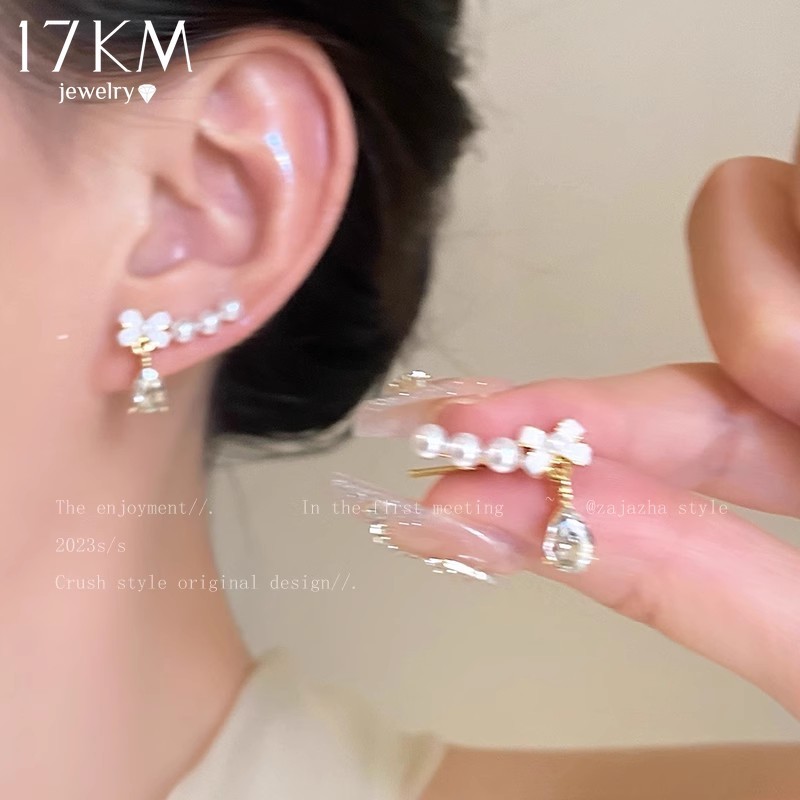 17กม แฟชั่นโบว์ต่างหูมุกเพทายต่างหูคลิปทองสําหรับผู้หญิงเครื่องประดับอุปกรณ์เสริม