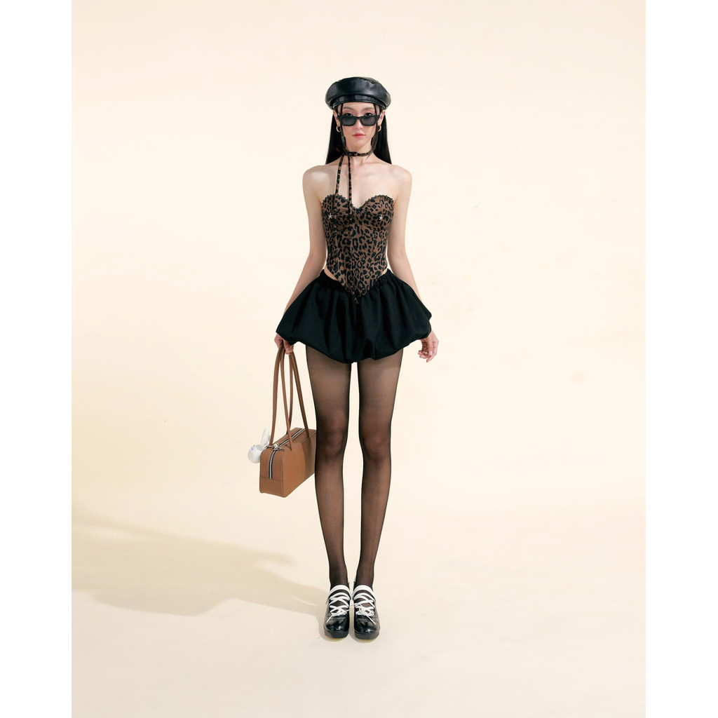 Sodope CLUB - คอร์เซ็ทเสือดาวเสน่ห์และกระโปรงฟักทองสีดําสั้น