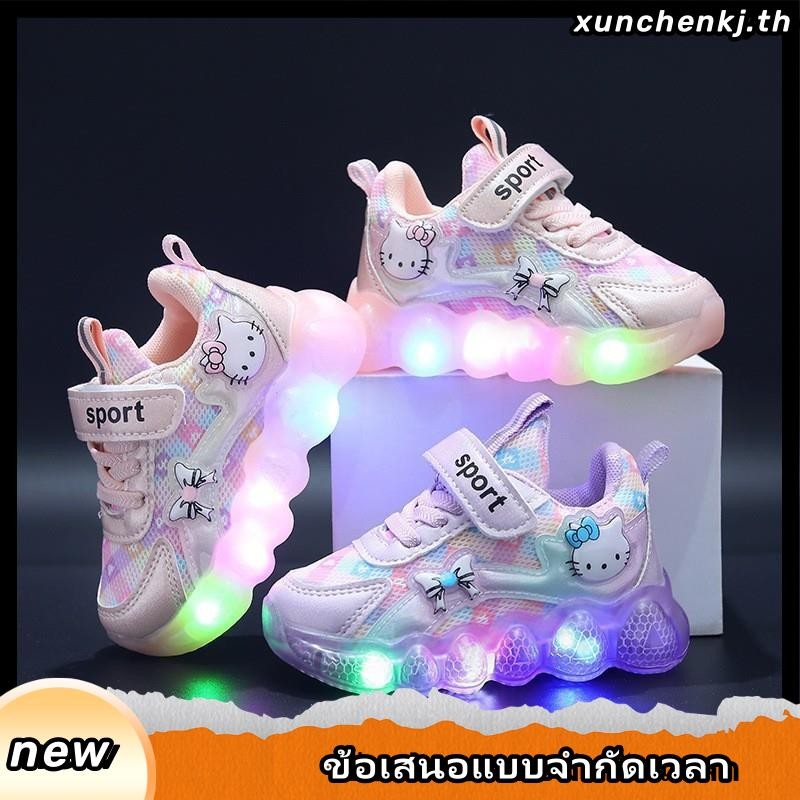 SUGE รองเท้าผ้าใบลําลอง มีไฟ LED ผ้าตาข่าย ระบายอากาศ สีชมพู สีม่วง สําหรับเด็กผู้หญิง เหมาะกับการเล่นกีฬา