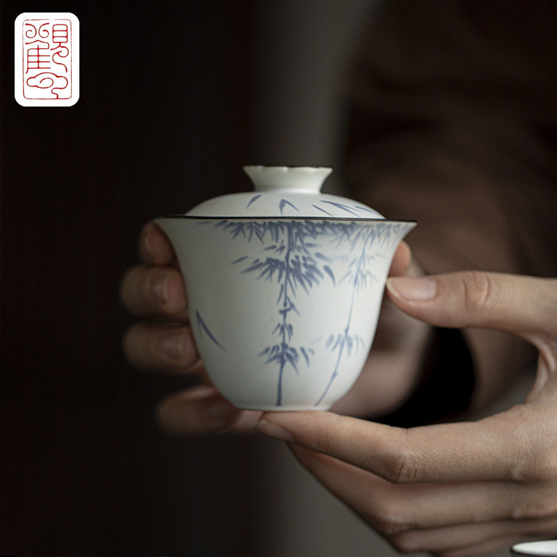 โซดาเคลือบสีเทามือวาดกล้วยไม้สีไม้ไผ่ปกชาม เคลือบด้านล่าง โบราณครัวเรือนชามชากังฟูชาชุดปกชาม [ที2-51