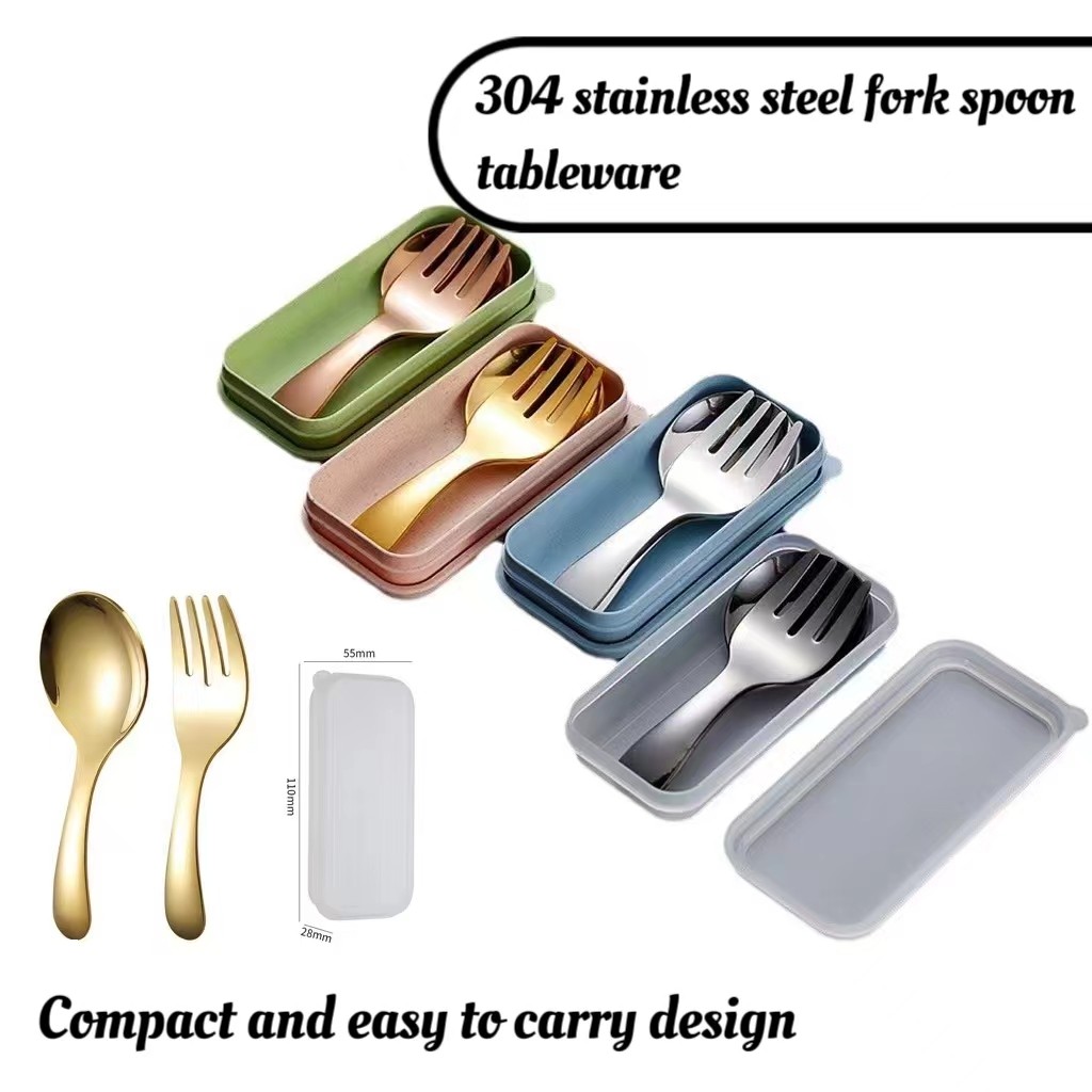 Mika Store 304สร้างสรรค์บนโต๊ะอาหารสแตนเลสสำหรับเด็กส้อมสำหรับเด็กใช้ในครัวเรือนแบบพกพาสองชิ้นช้อนด้ามสั้นสำหรับรับประทานอาหารสำหรับเด็ก