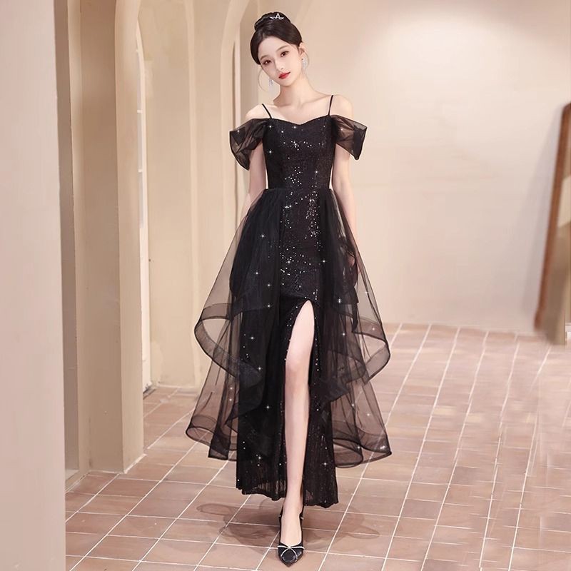 ชุดราตรีสีดํา High-End วันเกิดจัดเลี้ยงอารมณ์นักเรียน Art Exam Performance ของขวัญผู้ใหญ่ Niche Bright ประกายชุด lf10.14