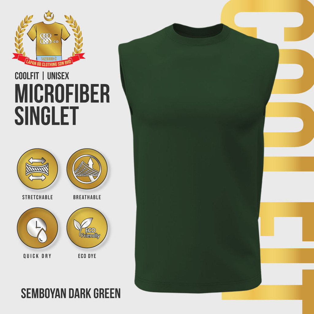 888co CoolFit เสื้อกล้ามไมโครไฟเบอร์แขนกุด Baju Jersey Tshirt Jersi Semboyan สีเขียวเข้ม