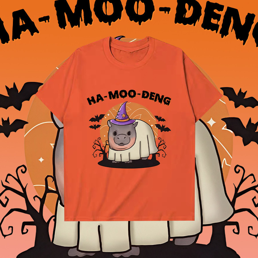 😺   ใหม่ เสื้อ MOO-DENG Moodeng hippo หมูเด้ง&Halloween T-shirt ชุดฮาโลวีน ผ้าฝ้ายแท้ 100% ราคาถูก แ