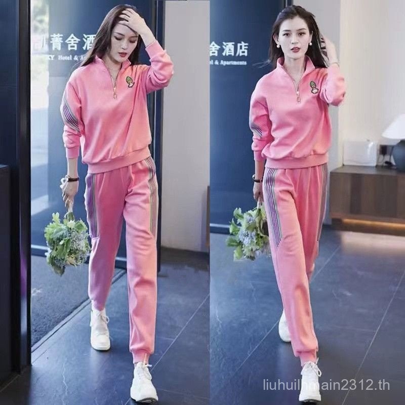 ชุดกีฬาลำลองผู้หญิงแบบใหม่ฤดูใบไม้ผลิและฤดูใบไม้ร่วงเสื้อสเวตเตอร์แฟชั่นยอดนิยมสไตล์ตะวันตกชุดสองชิ้น