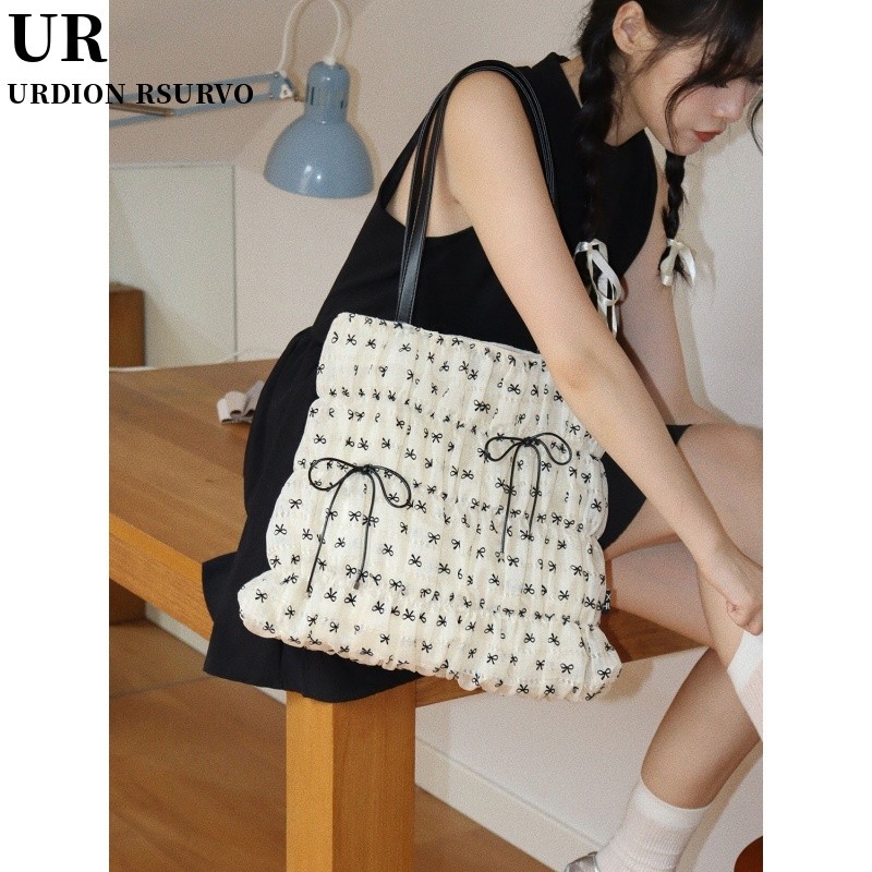 Urdion RSURVO { Southern French Love Letter} Tote Bag Female Large Capacity Lightweight Pleated Bow Shoulder Bag