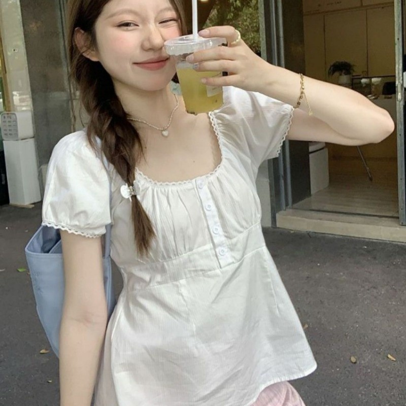 Dahong 💖 เสื้อยืดแขนสั้น สไตล์ใหม่ เสื้อครอปคอกว้างแขนสั้น เวอร์ชั่นเกาหลี w489 - รูปที่ 6