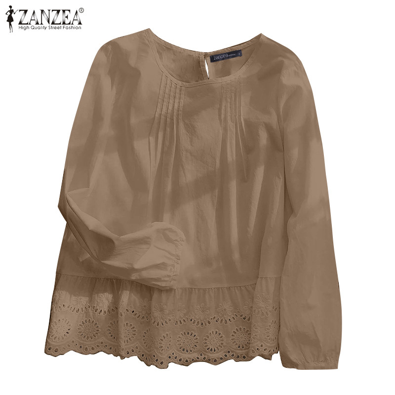 Zanzea เสื้อเบลาส์แขนโคมไฟลายคอลูกเรือลําลองวินเทจสําหรับผู้หญิง
