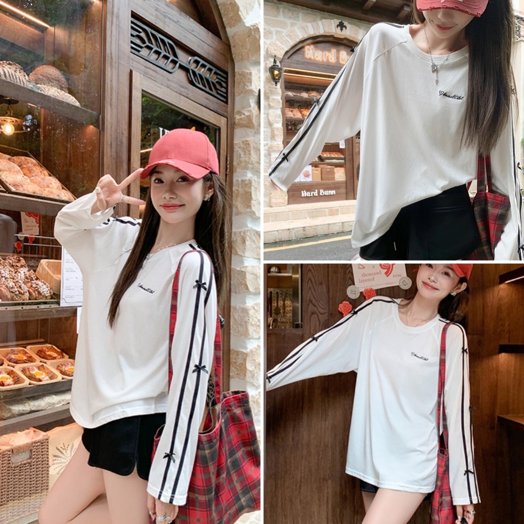 Betty house พร้อมส่ง เสื้อยืดแขนยาวผู้หญิง oversize เสื้อยืดคอกลม ลําลอง แต่งโบว์ ดีไซน์การประกบ