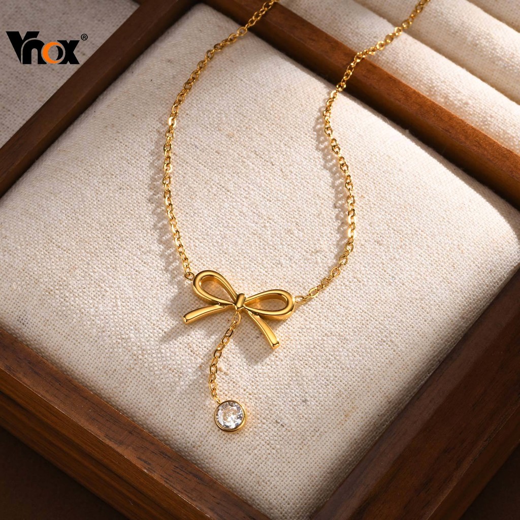 VNOX วีน็อกซ์ สร้อยคอโบว์พู่เพทายผีเสื้อสําหรับผู้หญิง,สร้อยคอสแตนเลส,สาวอุปกรณ์เสริมของขวัญเครื่องประดับ