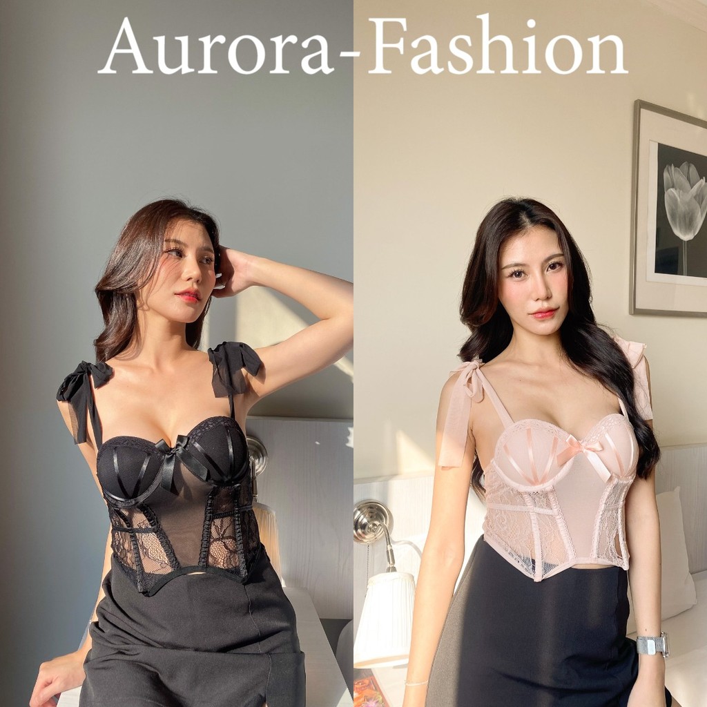 Aurora พร้อมส่ง เสื้อสายเดี่นว ซีทรูลาย ลูกไม้ มีฟองน้ำ เซ็กซี่เบาๆ คอร์เซ็ท สายผูกไหล่ เป็นโบ 1882H
