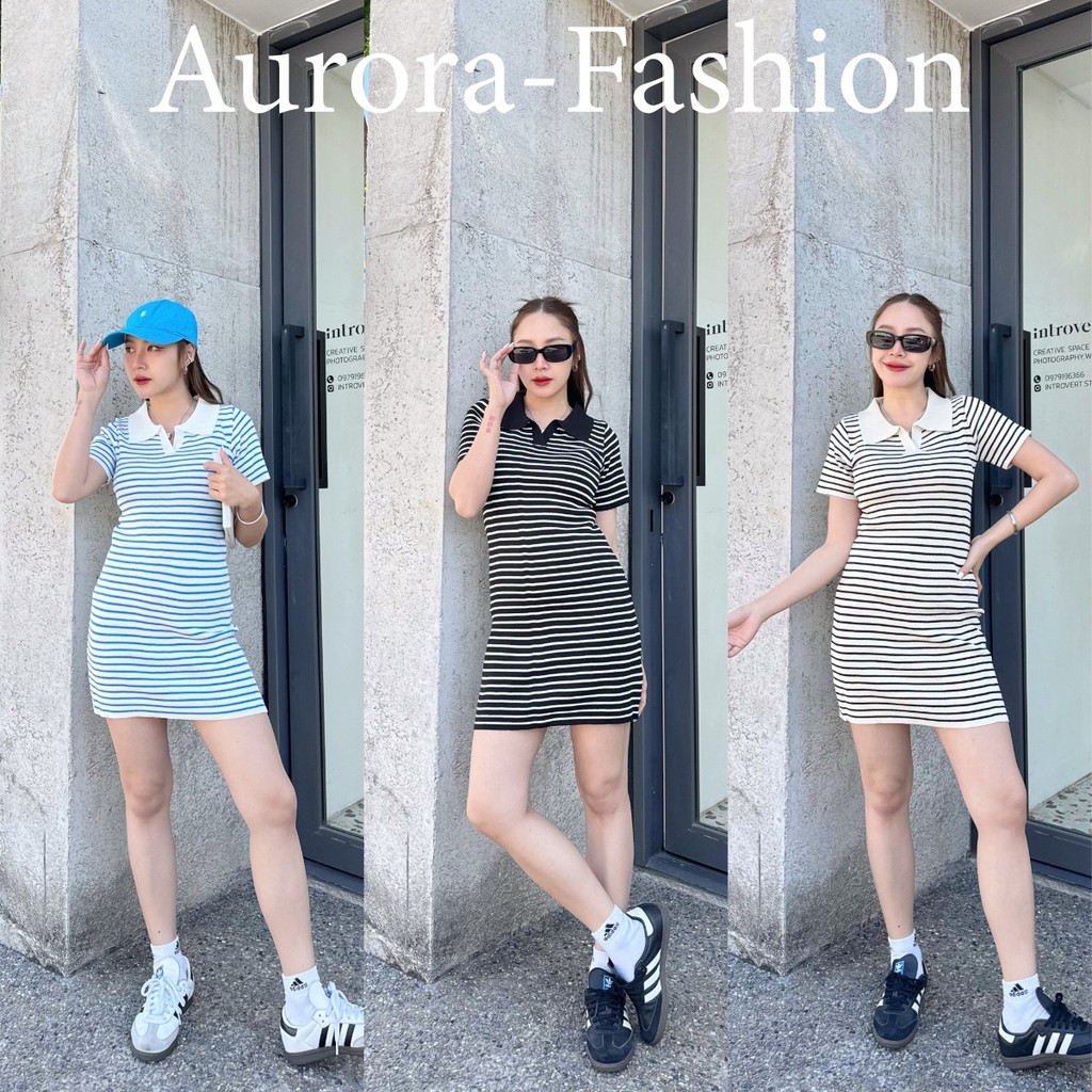 Aurora - fashion 🛒พร้อมส่ง🚚 ชุชุดเดรส ไหมพรม คอปก ดีเทลผ้าทอ ลายทาง ลายทางลายคลาสสิค​สวยๆ ​29008