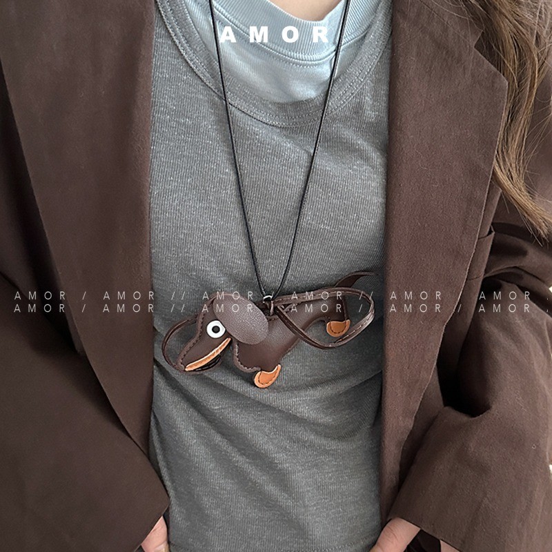 Cartoon Leather Sausage Dog Necklace Female Korean Cute Style Sweater Chain