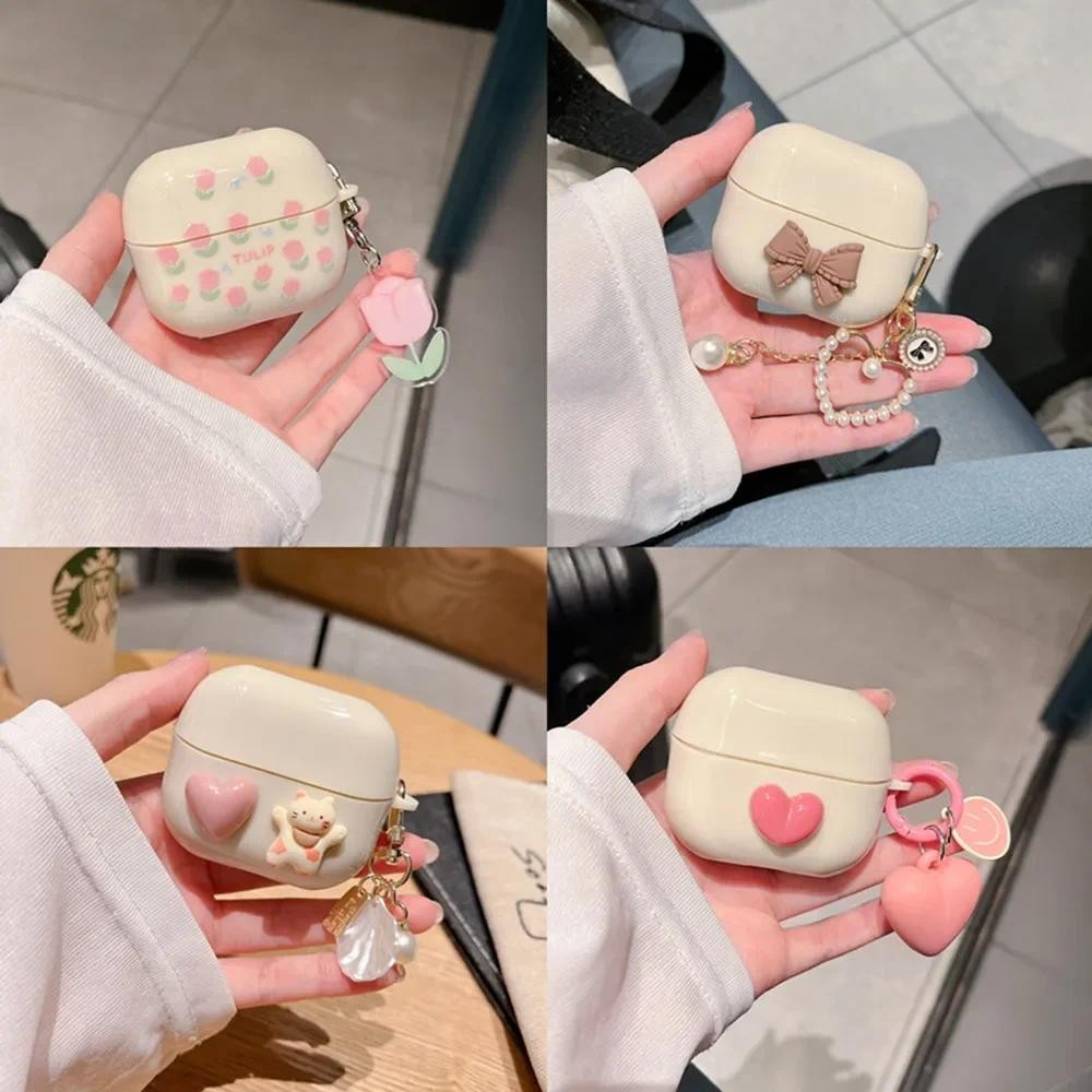 น่ารัก Retro Beige สําหรับ Samsung Galaxy Buds 3 รุ่นหมีดอกไม้สําหรับ Galaxy Buds3 Pro กรณีพวงกุญแจ Lanyard