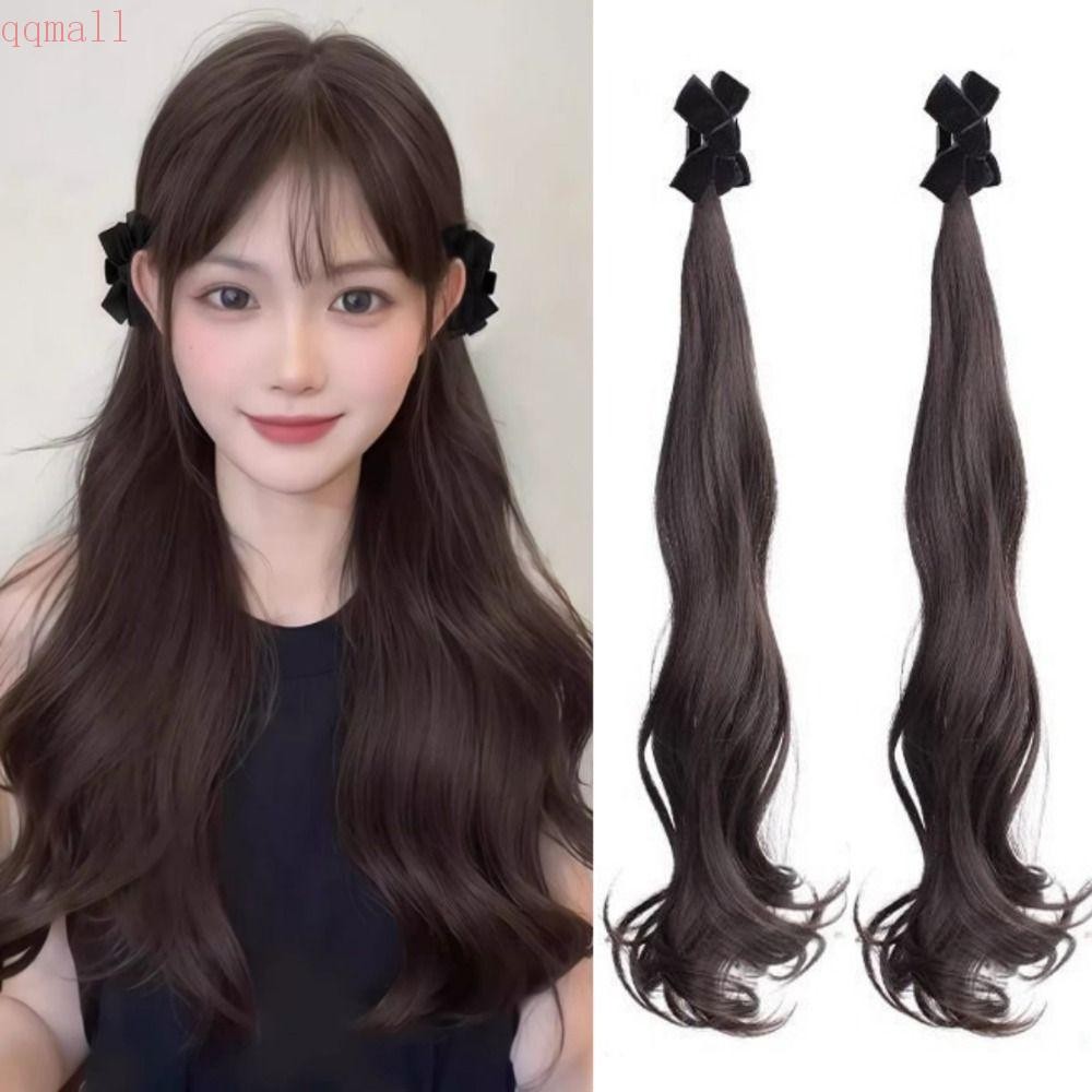 คิวคิวมอลล์ วิกผมหางม้าโบว์สีดํา2ชิ้น,สไตล์บัลเล่ต์หูนางฟ้าอ่อนโยนหางม้าคู่,ต่อผมหวานทนความร้อนสังเคราะห์ยาวหยิกหยัก แฮร์พีซ ปาร์ตี้